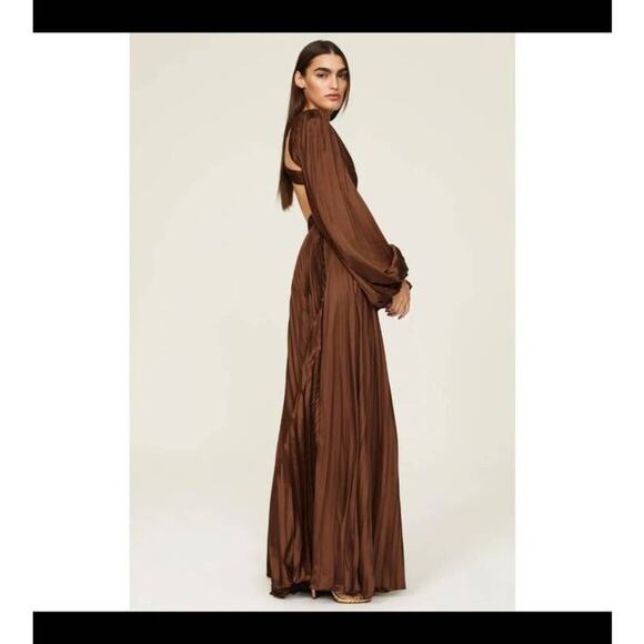 Ieena for Mac Duggal Brown Long Sleeve Pleated Full Skirt Cut Out Sides Gown 6 - Picture 13 of 16